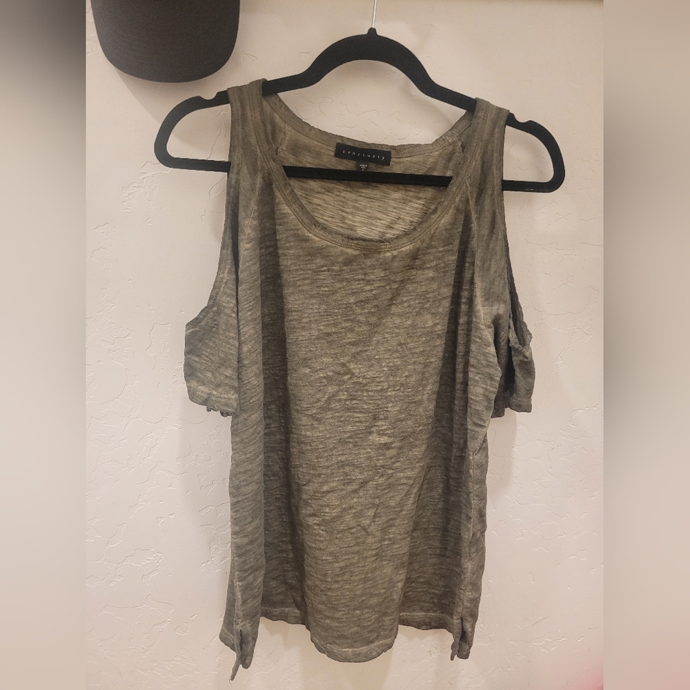 Sanctuary Bare Shoulder Marled Olive Top Large